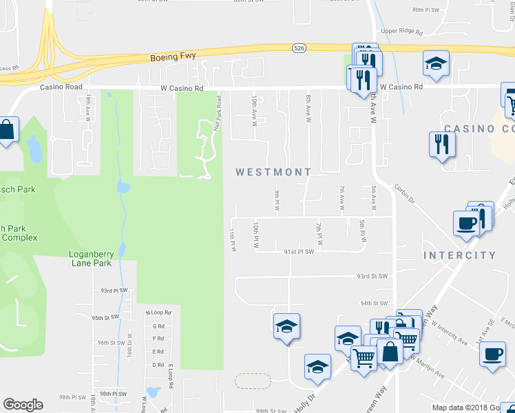 map of restaurants, bars, coffee shops, grocery stores, and more near 1013 90th Street Southwest in Everett