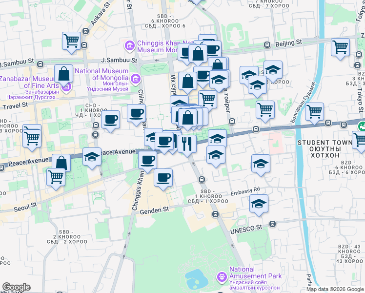map of restaurants, bars, coffee shops, grocery stores, and more near Peace Avenue in Ulaanbaatar