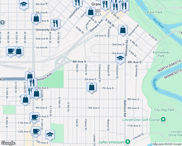 map of restaurants, bars, coffee shops, grocery stores, and more near 625 5th Avenue South in Grand Forks