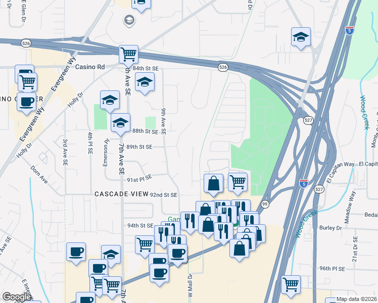 map of restaurants, bars, coffee shops, grocery stores, and more near 8902 West Mall Drive in Everett