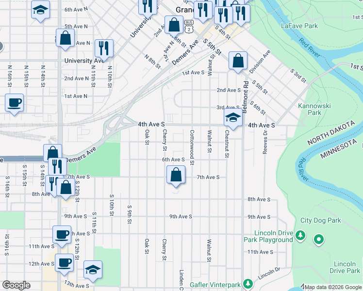 map of restaurants, bars, coffee shops, grocery stores, and more near 424 Cottonwood Street in Grand Forks