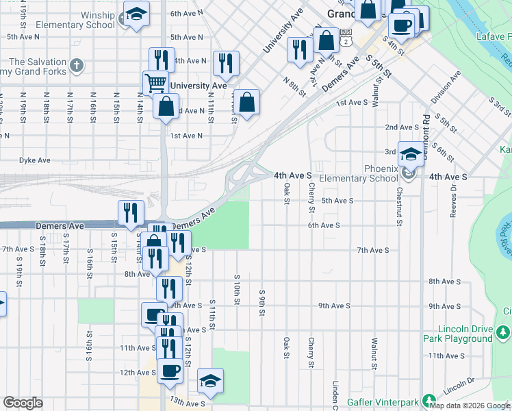 map of restaurants, bars, coffee shops, grocery stores, and more near 900-998 5th Avenue South in Grand Forks
