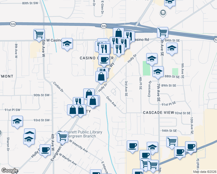 map of restaurants, bars, coffee shops, grocery stores, and more near 8911 Holly Drive in Everett