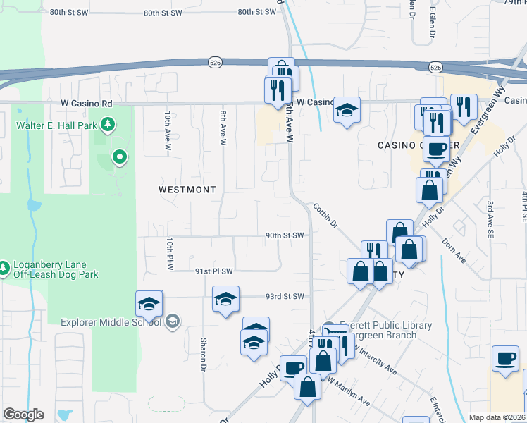 map of restaurants, bars, coffee shops, grocery stores, and more near 8822 7th Avenue West in Everett