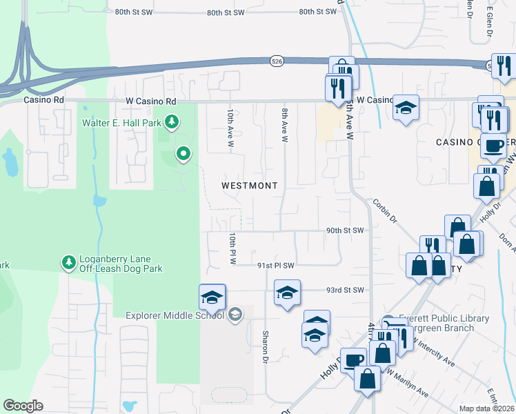 map of restaurants, bars, coffee shops, grocery stores, and more near 820 88th Place Southwest in Everett