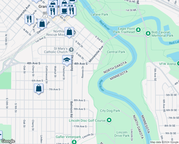 map of restaurants, bars, coffee shops, grocery stores, and more near 115 Reeves Court in Grand Forks
