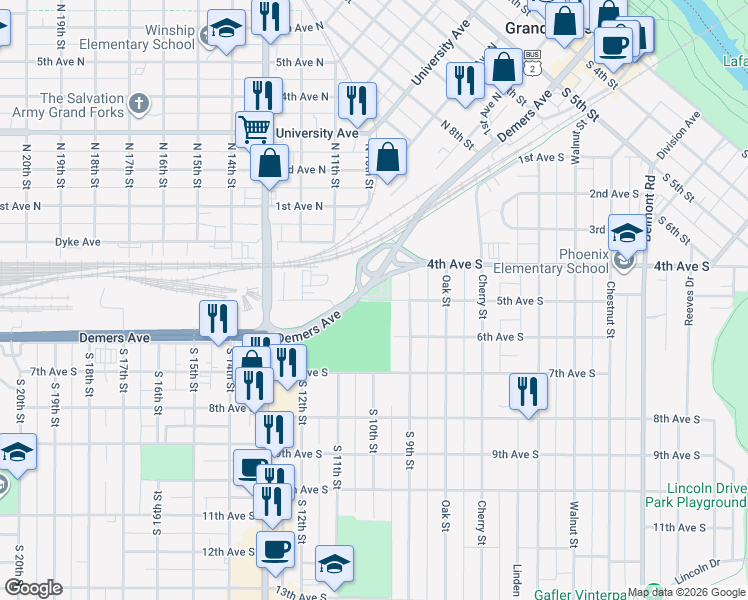 map of restaurants, bars, coffee shops, grocery stores, and more near 900 5th Avenue South in Grand Forks