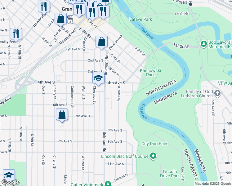 map of restaurants, bars, coffee shops, grocery stores, and more near 428 Reeves Drive in Grand Forks