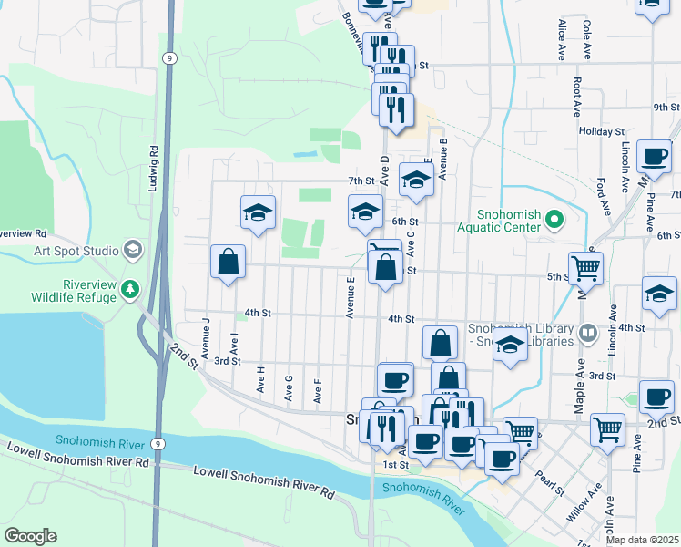 map of restaurants, bars, coffee shops, grocery stores, and more near 430 Avenue East in Snohomish