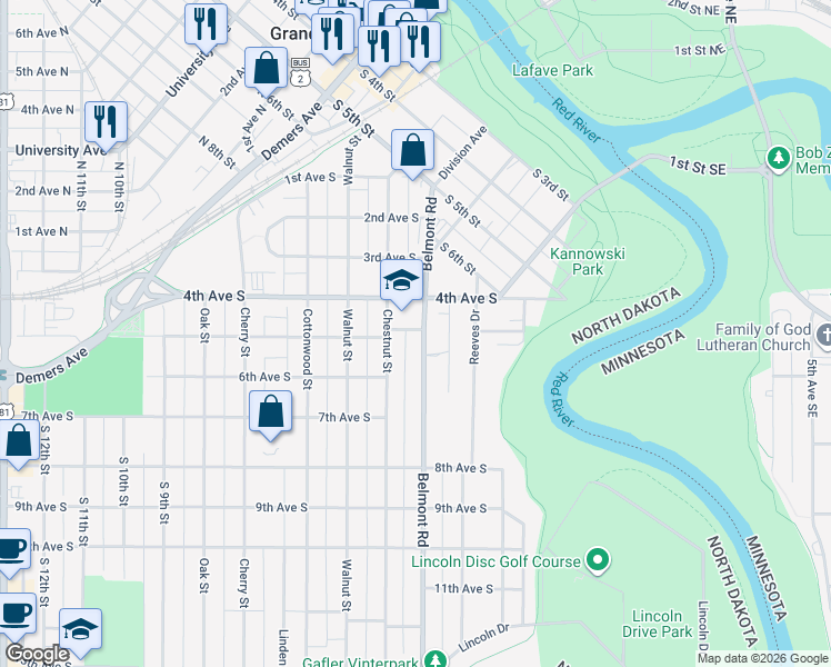 map of restaurants, bars, coffee shops, grocery stores, and more near 426 Belmont Road in Grand Forks
