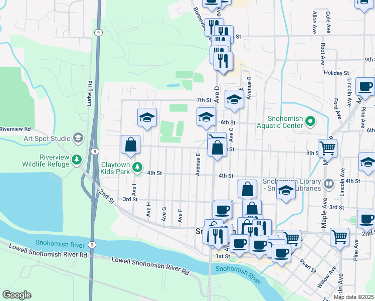 map of restaurants, bars, coffee shops, grocery stores, and more near 430 Avenue East in Snohomish