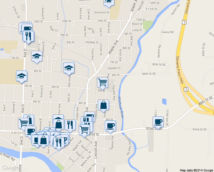 map of restaurants, bars, coffee shops, grocery stores, and more near 511 Pine Ave in Snohomish
