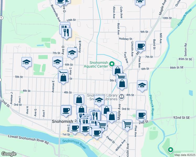 map of restaurants, bars, coffee shops, grocery stores, and more near 810 5th Street in Snohomish