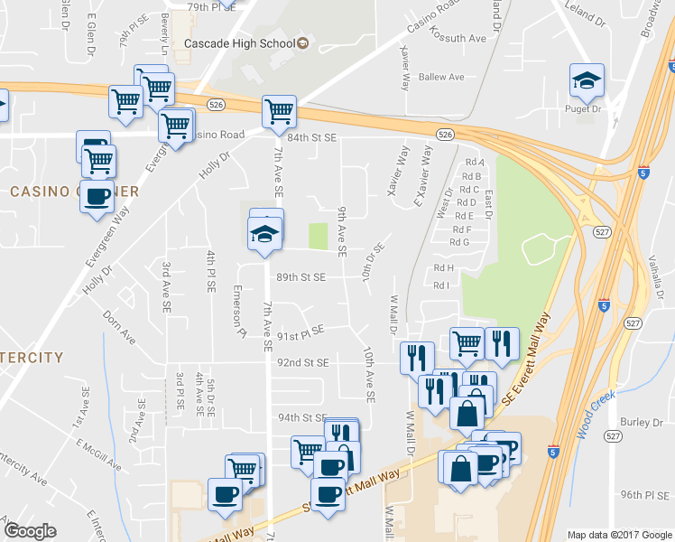 map of restaurants, bars, coffee shops, grocery stores, and more near 821 89th Street Southeast in Everett