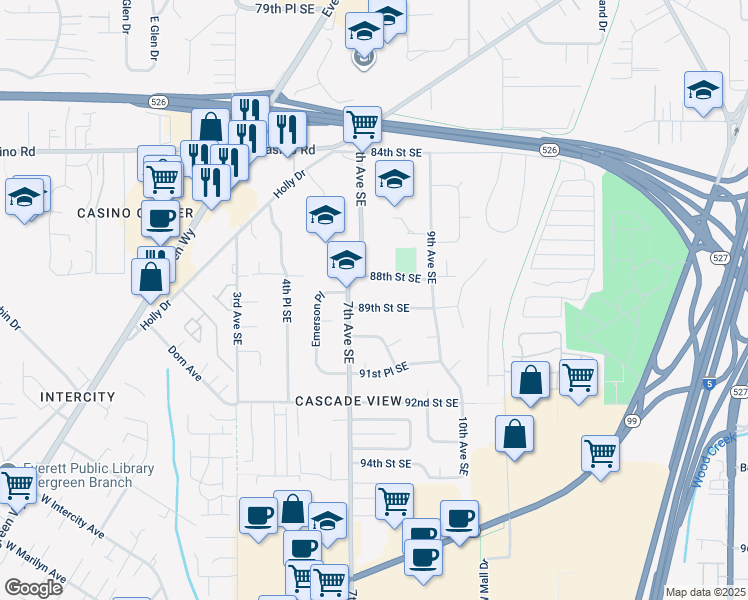 map of restaurants, bars, coffee shops, grocery stores, and more near 8823 7th Avenue Southeast in Everett