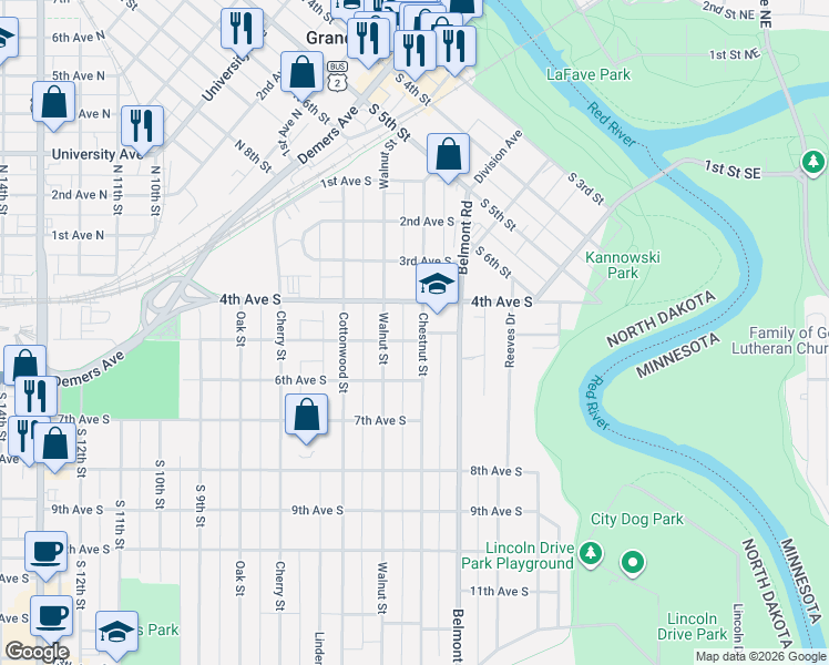 map of restaurants, bars, coffee shops, grocery stores, and more near 422 Chestnut Street in Grand Forks