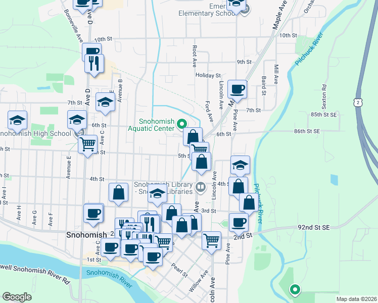 map of restaurants, bars, coffee shops, grocery stores, and more near 612 5th Street in Snohomish