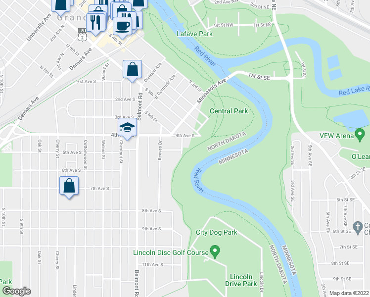 map of restaurants, bars, coffee shops, grocery stores, and more near 421 River Street in Grand Forks