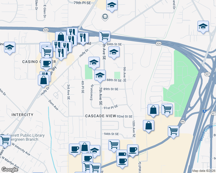 map of restaurants, bars, coffee shops, grocery stores, and more near 8823 7th Avenue Southeast in Everett