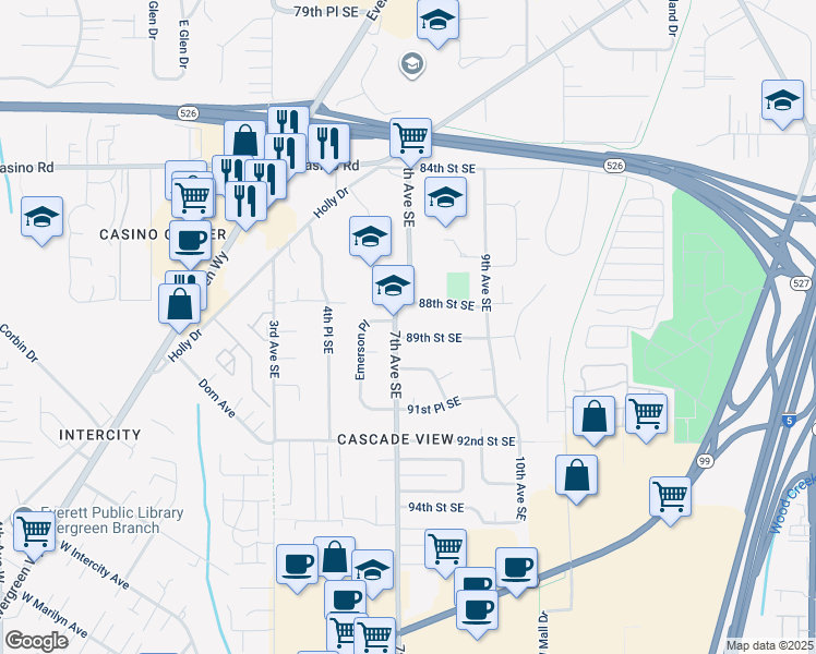 map of restaurants, bars, coffee shops, grocery stores, and more near 8823 7th Avenue Southeast in Everett