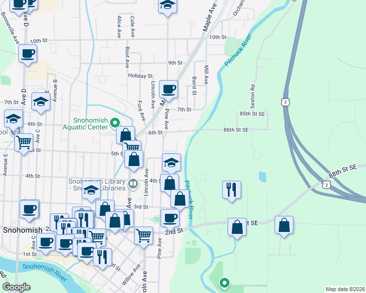 map of restaurants, bars, coffee shops, grocery stores, and more near 519 Cypress Avenue in Snohomish