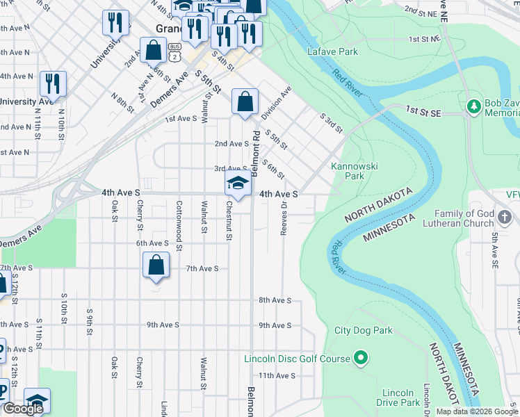 map of restaurants, bars, coffee shops, grocery stores, and more near 426 Belmont Road in Grand Forks