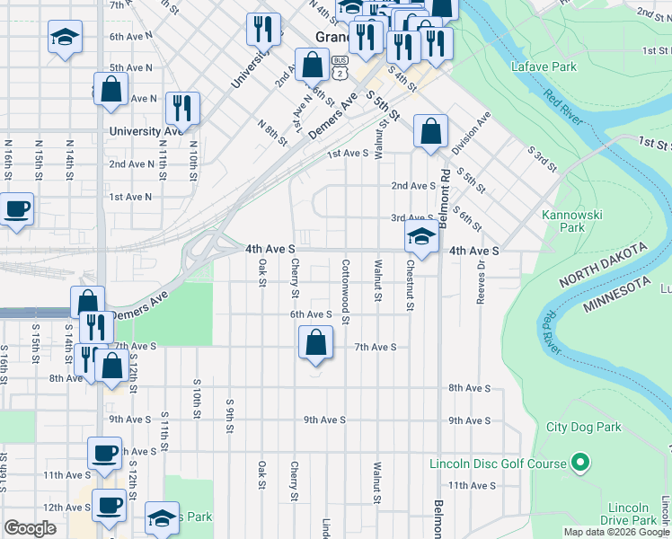 map of restaurants, bars, coffee shops, grocery stores, and more near 424 Cottonwood Street in Grand Forks