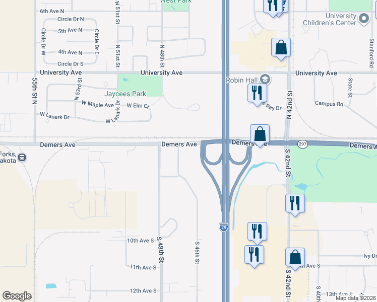 map of restaurants, bars, coffee shops, grocery stores, and more near 617 South 46th Street in Grand Forks