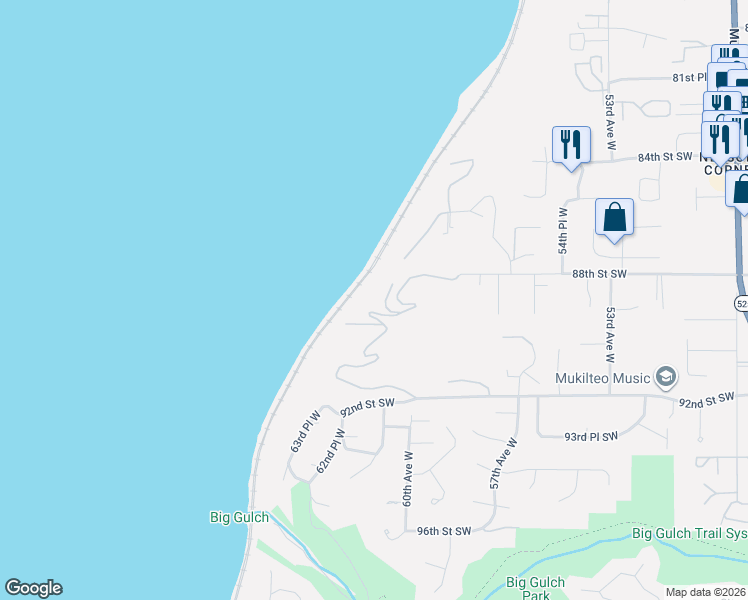 map of restaurants, bars, coffee shops, grocery stores, and more near 6031 88th Street Southwest in Mukilteo