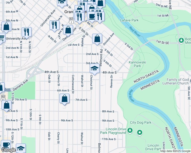 map of restaurants, bars, coffee shops, grocery stores, and more near 351 4th Avenue South in Grand Forks