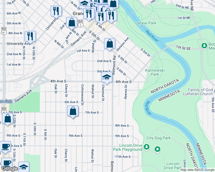 map of restaurants, bars, coffee shops, grocery stores, and more near 351 4th Avenue South in Grand Forks