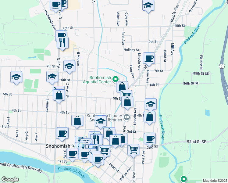 map of restaurants, bars, coffee shops, grocery stores, and more near 720 5th Street in Snohomish