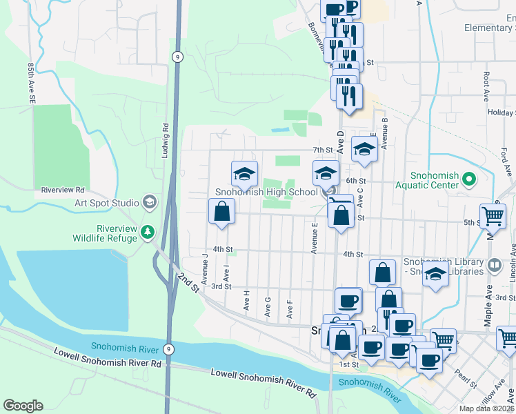 map of restaurants, bars, coffee shops, grocery stores, and more near 432 Avenue G in Snohomish