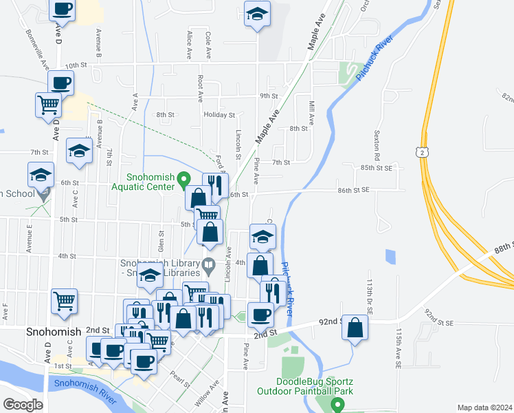 map of restaurants, bars, coffee shops, grocery stores, and more near 511 Pine Avenue in Snohomish