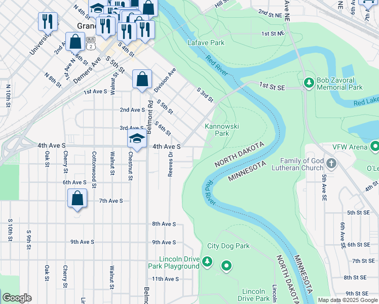 map of restaurants, bars, coffee shops, grocery stores, and more near 421 River Street in Grand Forks