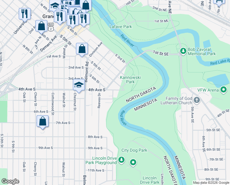 map of restaurants, bars, coffee shops, grocery stores, and more near 421 River Street in Grand Forks