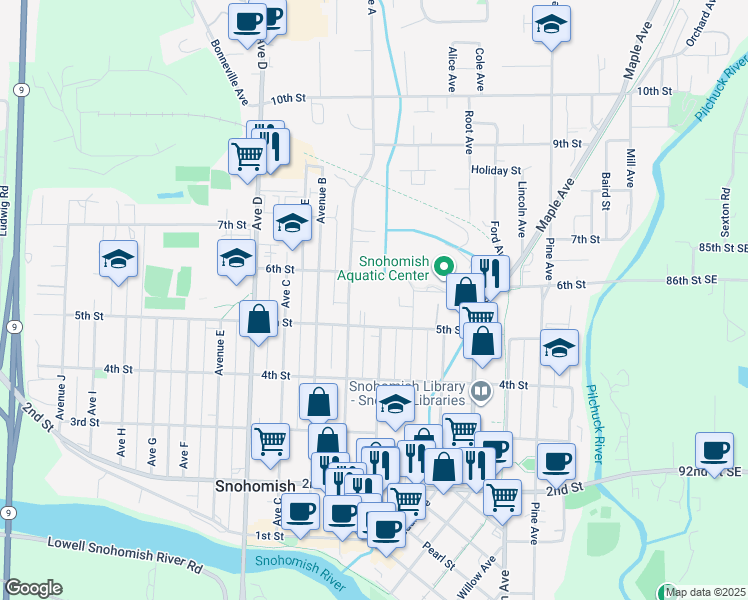 map of restaurants, bars, coffee shops, grocery stores, and more near 810 5th Street in Snohomish