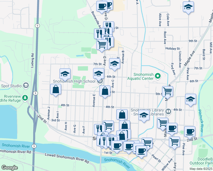 map of restaurants, bars, coffee shops, grocery stores, and more near 1505 5th Street in Snohomish