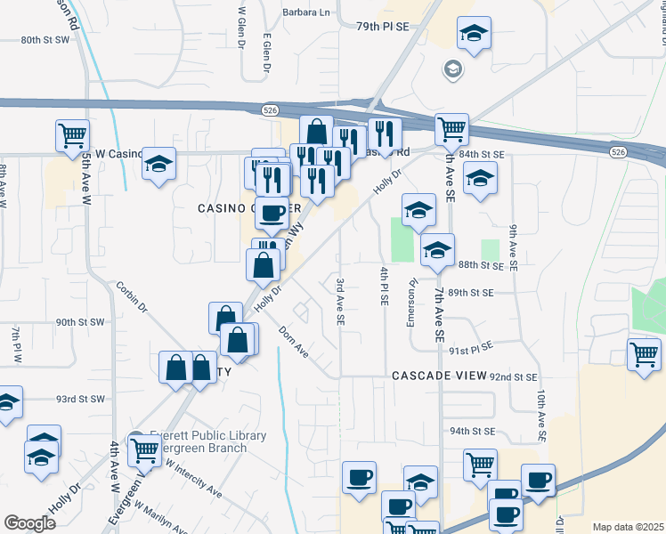 map of restaurants, bars, coffee shops, grocery stores, and more near 8828 3rd Avenue Southeast in Everett
