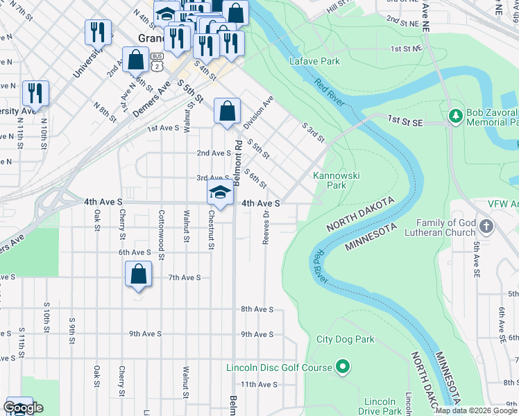 map of restaurants, bars, coffee shops, grocery stores, and more near 428 Reeves Drive in Grand Forks