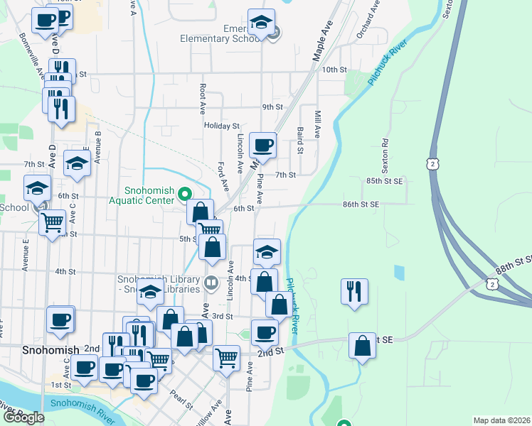 map of restaurants, bars, coffee shops, grocery stores, and more near 226 6th Street in Snohomish