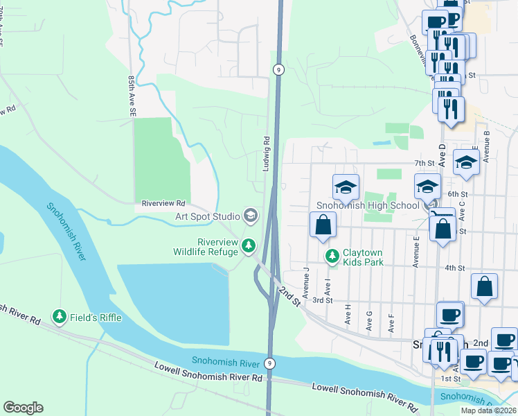 map of restaurants, bars, coffee shops, grocery stores, and more near 528 Ludwig Road in Snohomish