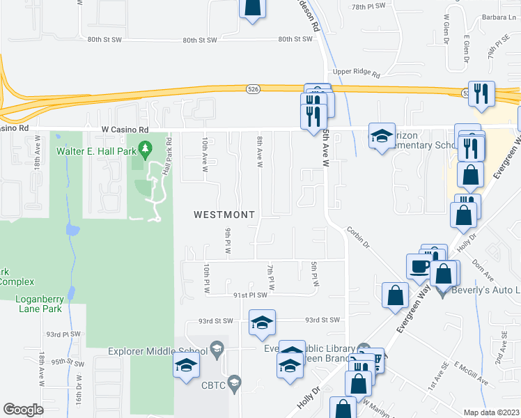 map of restaurants, bars, coffee shops, grocery stores, and more near 8721 8th Avenue West in Everett