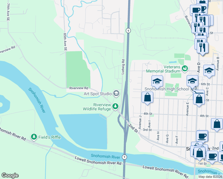 map of restaurants, bars, coffee shops, grocery stores, and more near 2130 5th Place in Snohomish