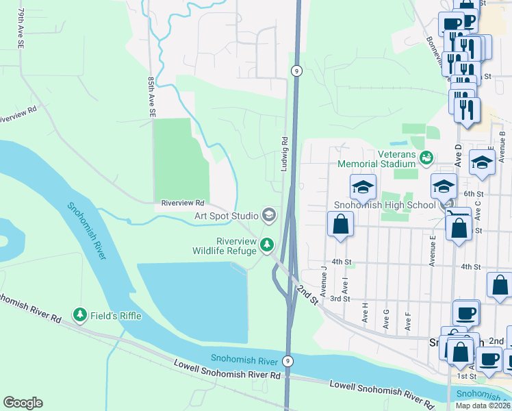 map of restaurants, bars, coffee shops, grocery stores, and more near 2130 5th Place in Snohomish