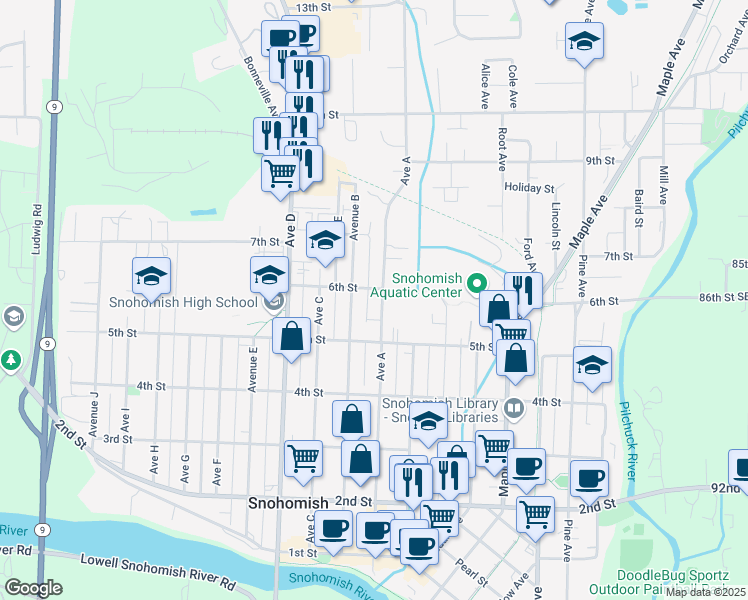 map of restaurants, bars, coffee shops, grocery stores, and more near 601 Avenue A in Snohomish