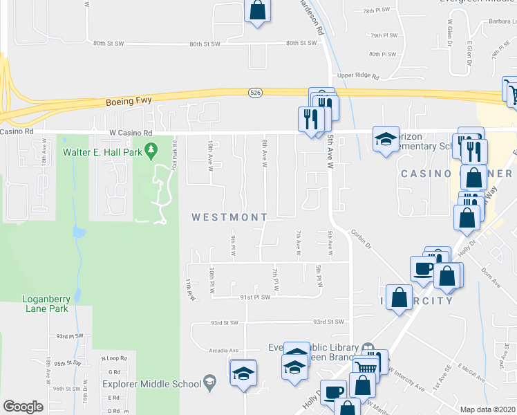 map of restaurants, bars, coffee shops, grocery stores, and more near 8712 8th Avenue West in Everett