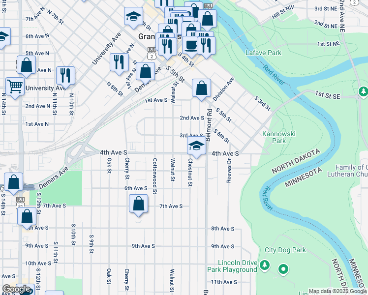 map of restaurants, bars, coffee shops, grocery stores, and more near 324 Chestnut Street in Grand Forks