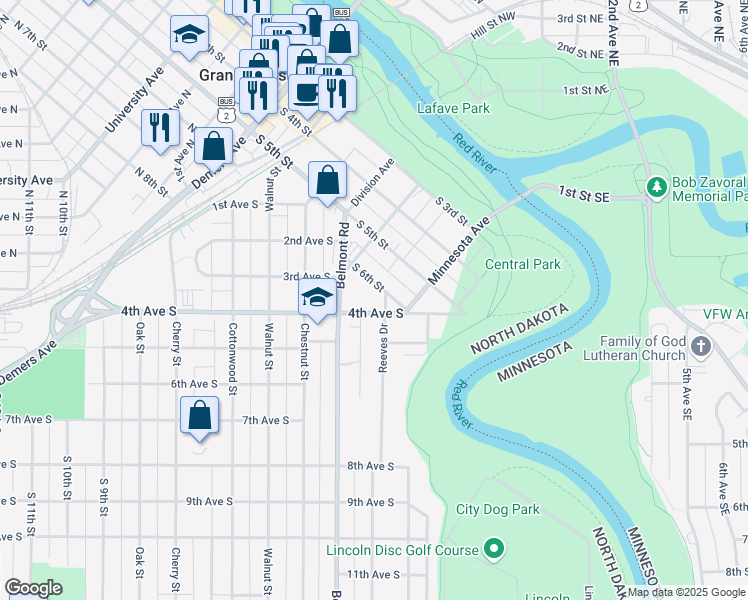 map of restaurants, bars, coffee shops, grocery stores, and more near 314 Reeves Drive in Grand Forks