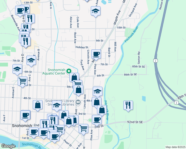 map of restaurants, bars, coffee shops, grocery stores, and more near 400 6th St in Snohomish
